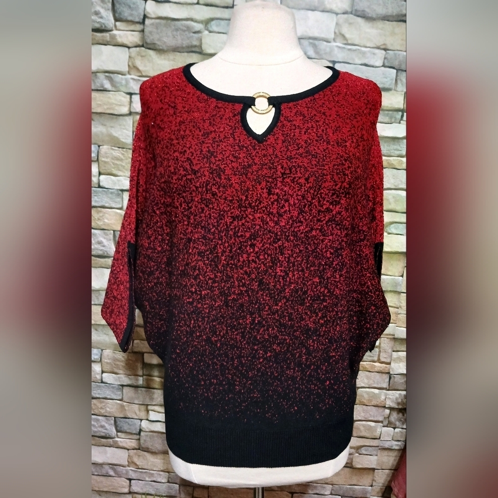 Adrienne Vittadini Red Black Metallic Dolman Split Elbow Sleeve Sweater